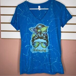 Womens Custom Made Blue Bleached VNeck TShirt With Mom Bun Graphic Blessed Large
